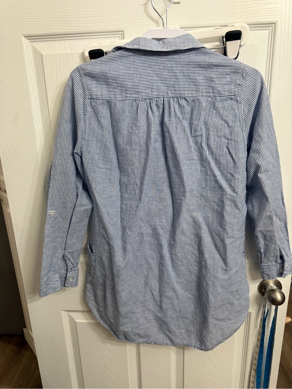 For Cynthia Blue White Striped Linen Blend Popover Tunic Shirt Small Coastal - Picture 6 of 7